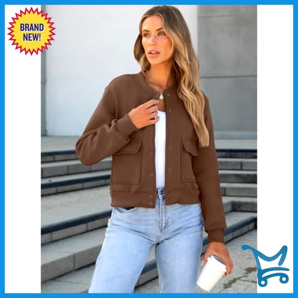 Cropped Bomber Jacket Casual Varsity Y2K Fashion Loose Fit Button Down Pockets - Picture 5 of 7